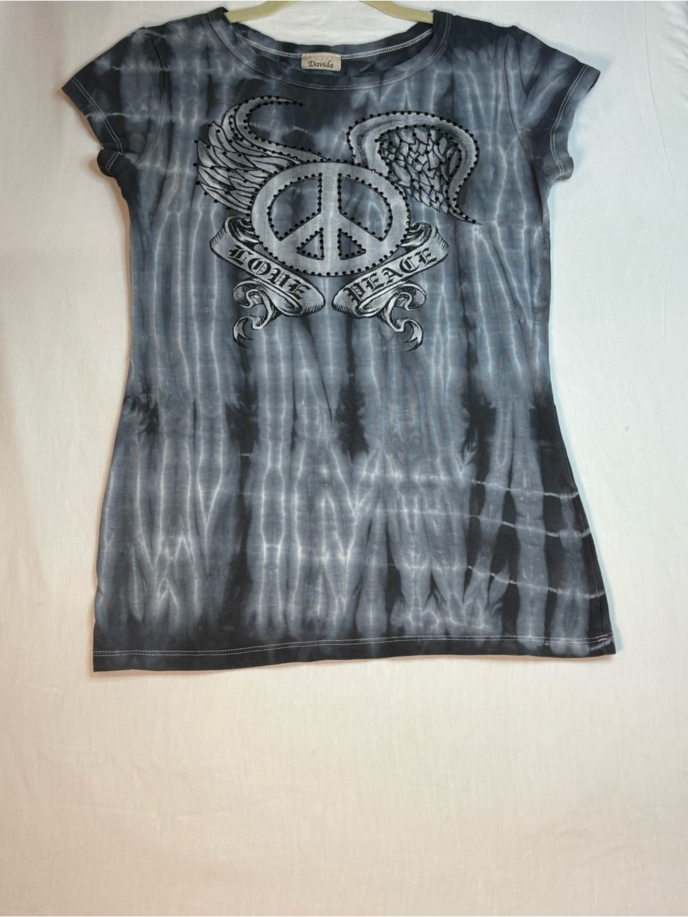 Black Tie-Dye “Love Peace” Wing Graphic Tee Retro Black Crystals stretch